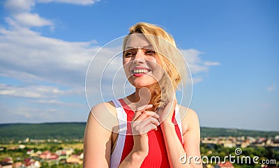 Flirt and coquette concept. Girl playful mood coquette. Ultimate art of seduction. Girl blonde lady smiling enjoy Stock Photo