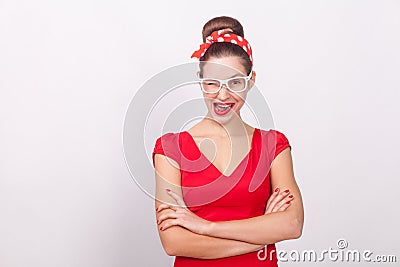 Flirt and love concept. Cute woman in white glasses wink Stock Photo