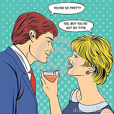 Flirting Couple. Woman Drinking Champagne Vector Illustration