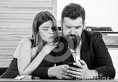 Flirting with coworker. Woman flirting with coworker. Woman attractive lady working with man colleague. Office Stock Photo