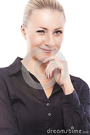 Flitring Demure Caucasian Female Model Over Pure White Backgrou Stock Photo