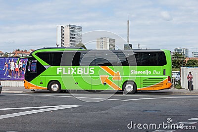 Flixbus bus ready for departure in Ljubljana Bus station to croatia. Editorial Stock Photo