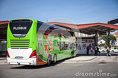 Flixbus bus ready for departure in Vukovar Bus station. Flixbus is a German brand which offers low cost intercity bus service Editorial Stock Photo