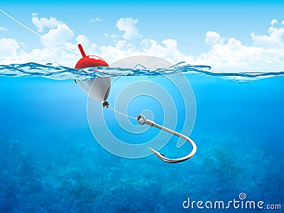 Float, fishing line and hook underwater vertical Cartoon Illustration