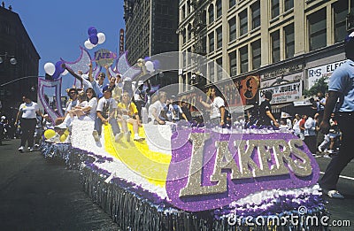 Float in Los Angeles Lakers Victory Parade, Los Angeles, California Editorial Stock Photo
