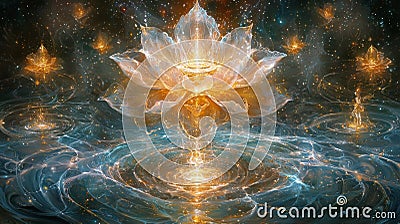 floating altar hovers in vibrant sea of colors where spiraling patterns of fractured reality create multiple versions of Stock Photo