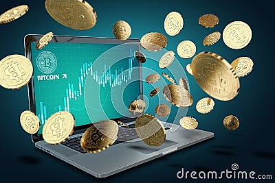 Floating Bitcoin coins against laptop with BTC success chart on-screen Cartoon Illustration