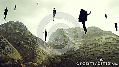 Floating Black Spirits Ghosts Female Figures in Rocky Hills Valley Cartoon Illustration