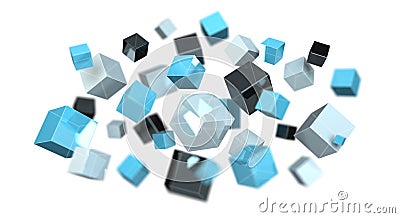 Floating blue shiny cube network 3D rendering Stock Photo