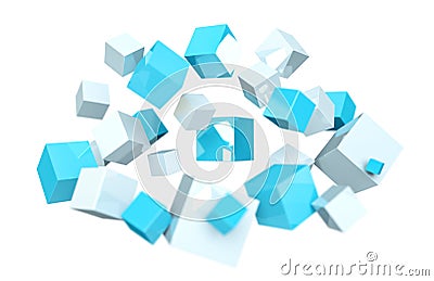 Floating blue and white shiny cube 3D rendering Stock Photo