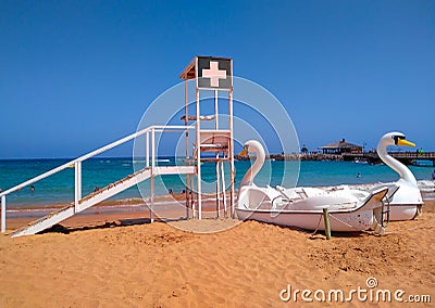 floating boats with swan shape at the shore of a beach ready to be hired by tourists and close to place for lifeguards to watch Editorial Stock Photo