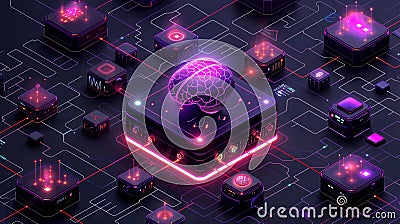 floating brains are connected to a super computer, concept of general intelligence Stock Photo