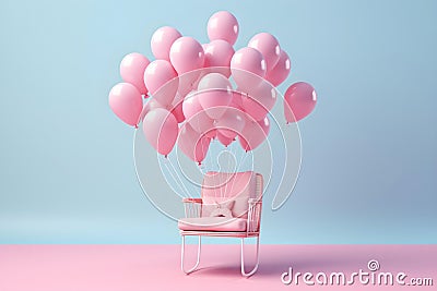 Floating chair attached to balloons. Stock Photo