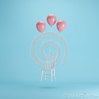 Floating Chair with pink balloons on blue background. Stock Photo