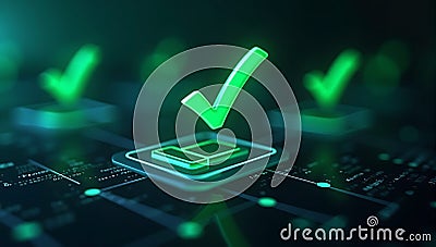 A floating checklist with green checkmarks superimposed on transparent layers of digital code, symbolizing successful data Stock Photo