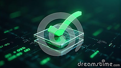 A floating checklist with green checkmarks superimposed on transparent layers of digital code, symbolizing successful data Stock Photo