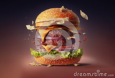 floating cheeseburger from fast food Stock Photo