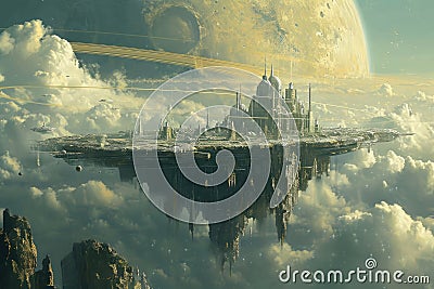 Floating City of Elysium on Saturn's Moon, Titan Stock Photo