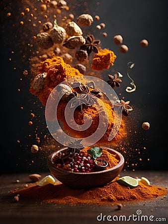 Floating cooking spices, herbs, barks, roots, seeds, powder. Add flavor and aroma to food. Cinematic advertising photography Stock Photo
