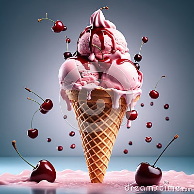 Floating, delicious cherry gelato cone, The bright pink gelato is piled high in a crispy waffle cone Stock Photo