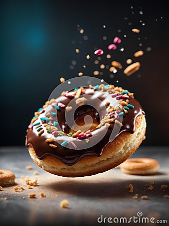 Floating delicious doughnut, fried pastry that is soft and fluffy on the inside, slightly crispy exterior. Cinematic ads Stock Photo