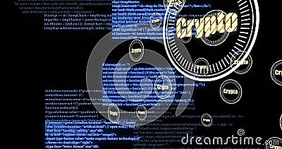 Floating digital code and crypto text, representing blockchain technology and cryptocurrency Stock Photo
