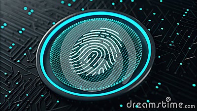 Floating fingerprint icon constructed from encrypted code on circuit background for security concept Stock Photo