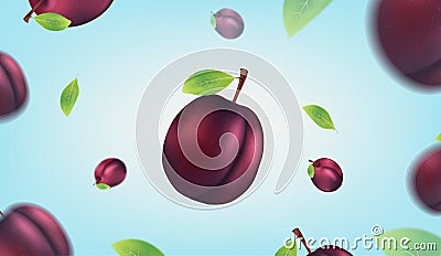 Floating fresh plum with blue sky background Vector Illustration