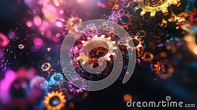Floating gears made of holographic elements each representing different disciplines turning in unison to convey the Stock Photo