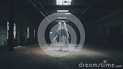 Floating Ghost in a Asylum Halloween Dark Film Grain Analogue Aesthetic Gothic Building with Ghost Hunters Camera Flash Stock Photo