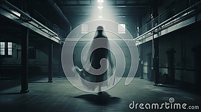 Floating Ghost in a Asylum Halloween Dark Film Grain Analogue Aesthetic Gothic Building with Ghost Hunters Camera Flash Stock Photo