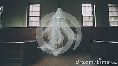 Floating Ghost in a Asylum Halloween Dark Film Grain Analogue Aesthetic Gothic Building with Ghost Hunters Camera Flash Stock Photo