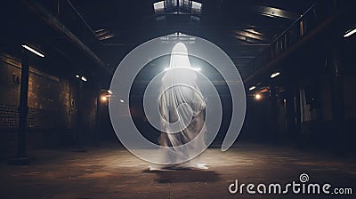 Floating Ghost in a Asylum Halloween Dark Film Grain Analogue Aesthetic Gothic Building with Ghost Hunters Camera Flash Stock Photo