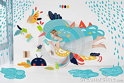 Floating girl in blue dress reading book with rain Cartoon Illustration