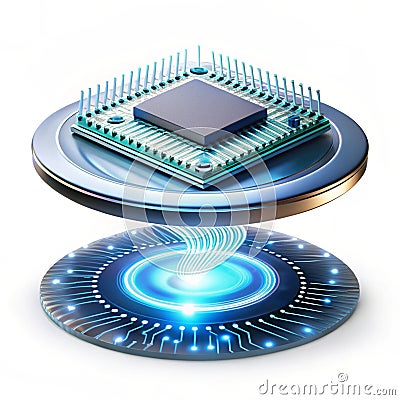 Floating glowing microchip with rotating circuits Stock Photo