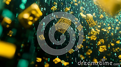 Floating golden blocks symbolize cryptocurrency in a matrix of green binary code Stock Photo
