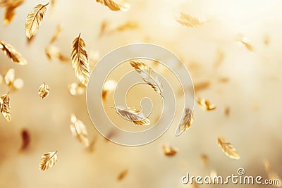 Floating Golden Feathers on Bokeh Background Capturing Lightness and Elegance Stock Photo