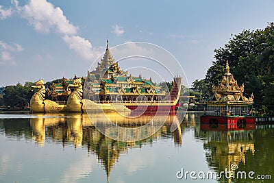 Floating Golden Temple, Karaweik on Kandawgyi Lake in Yangon, Myanmar, Burma Stock Photo