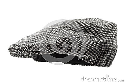 Floating grey hunting tweed flat cap or newsboy cap isolated on white background with clipping path cutout using ghost mannequin Stock Photo