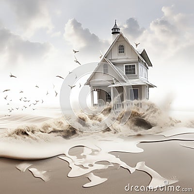 Sandy White House On Beach: Life-like Avian Illustrations With Conceptual Photography Cartoon Illustration