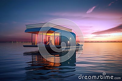 A floating house on a body of water. AI generative image. Tiny house illustration. Cartoon Illustration