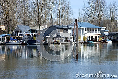 Floating houses and boats, Portland OR. Stock Photo