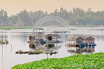 Floating houses at Mekong Delta in Angiang, Vietnam Stock Photo