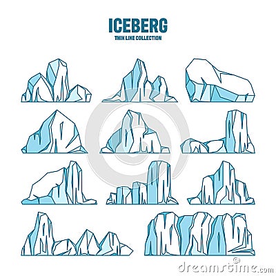 Floating icebergs sketch collection. Drifting arctic glacier, block of frozen ocean water. Icy mountains with snow Vector Illustration
