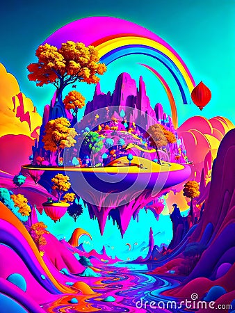 Floating island in fantasyland with rainbow AI Generated Stock Photo