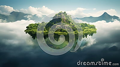 Floating island, Flying green forest land with trees, green grass, mountains, blue water and waterfalls isolated with clouds Stock Photo