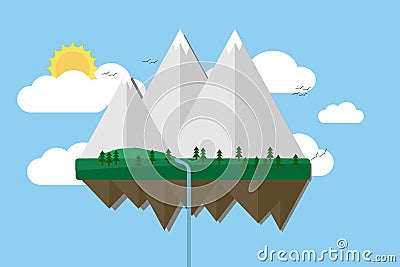 Floating island with mountain, hill, tree and birds. Summer time holiday voyage concept. Illustration in flat style. Travel backgr Stock Photo