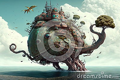 Floating island populated by a variety of bizarre and monstrous creatures, from giant tentacled beasts to strange hybrid animals Cartoon Illustration