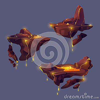 Floating islands of rocky land with lava eruption Vector Illustration