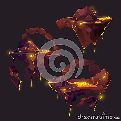 Floating islands of rocky land with lava eruption Vector Illustration